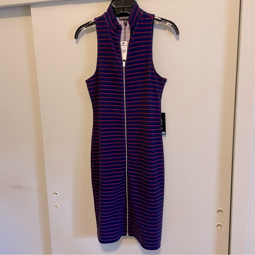 Navy blue and red striped zip-up dress-NWT!